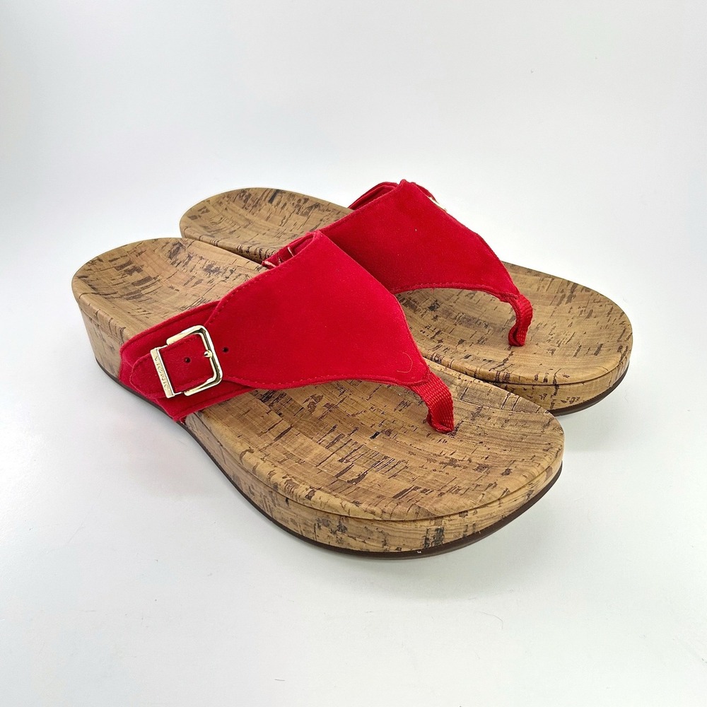 Vionic Orthaheel Marbella Red Textile Thong Buckle Cork Wedge Sandals 8W Coastal
